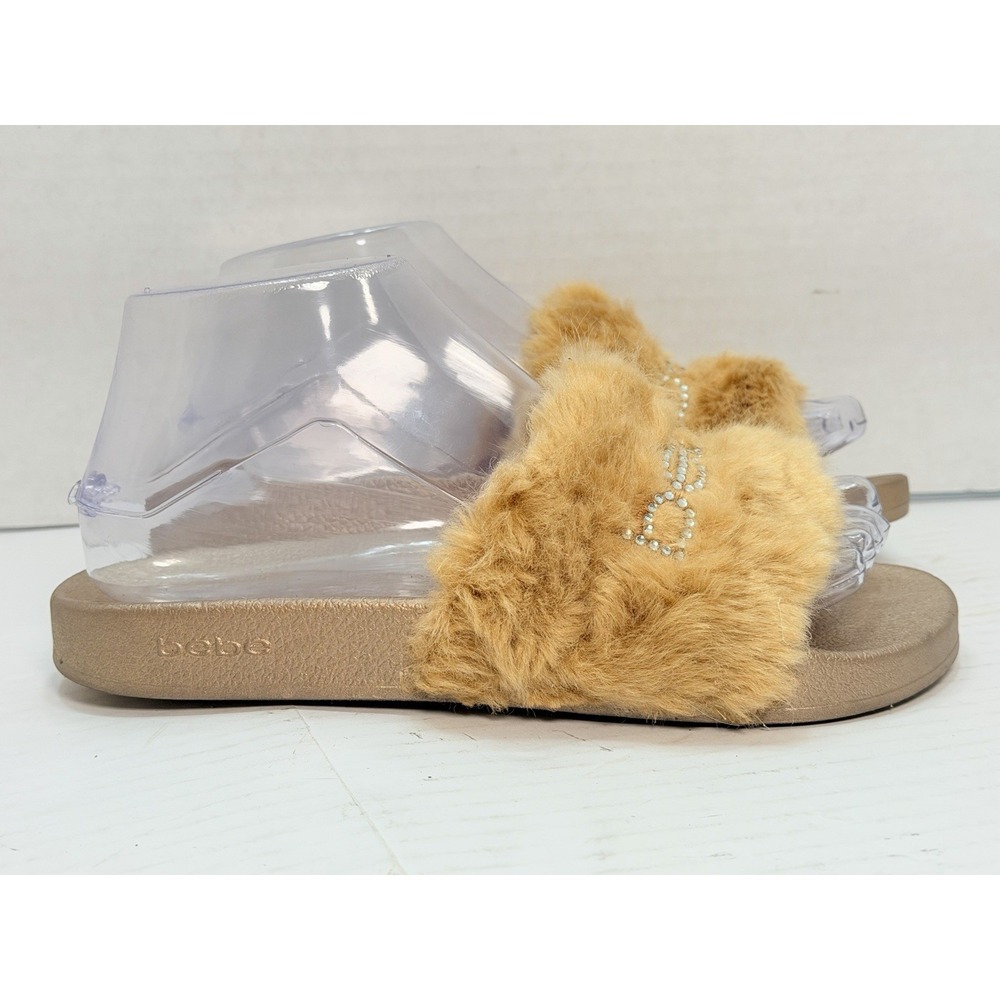 Bebe Furiosa Tan Faux Fur Rhinestone Logo Slide Sandals‎ Women's Size 7